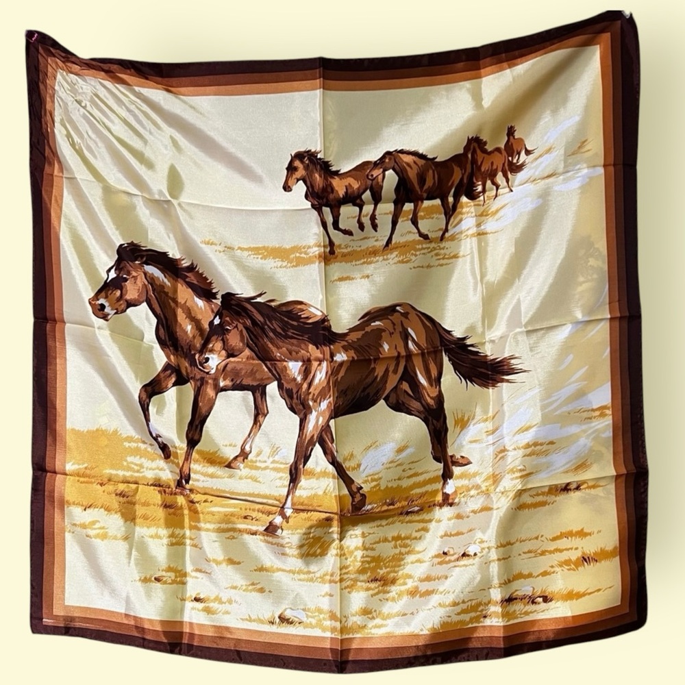 Vintage Horse Equestrian Scarf Hand Printed, Rolled Edge Made in Japan 22.5”x23”